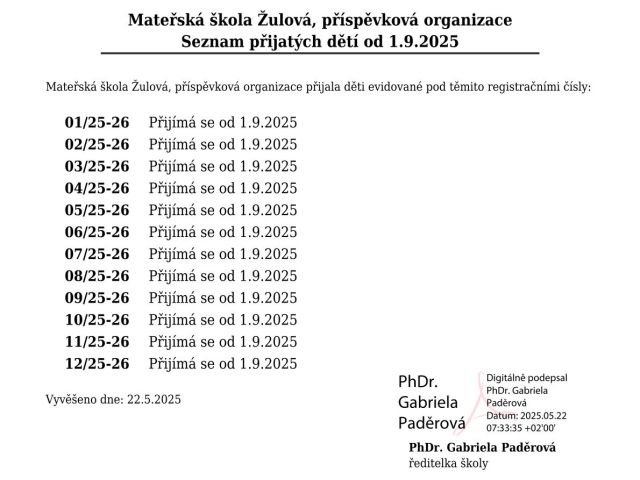 Výsledky příjímacího řízení k předškolnímu vzdělávání na školní rok 2025/2026